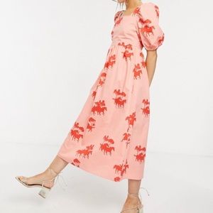 Never Fully Dressed pink and red print midi dress